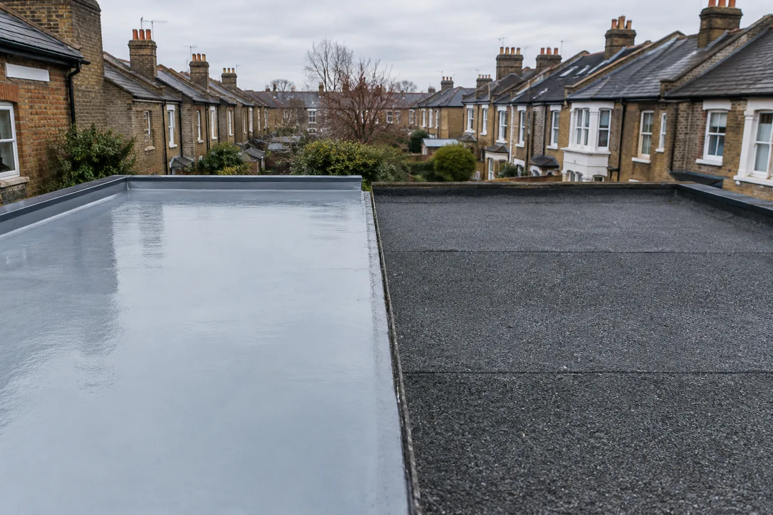 Close-up of fibreglass and felt flat roof surface textures