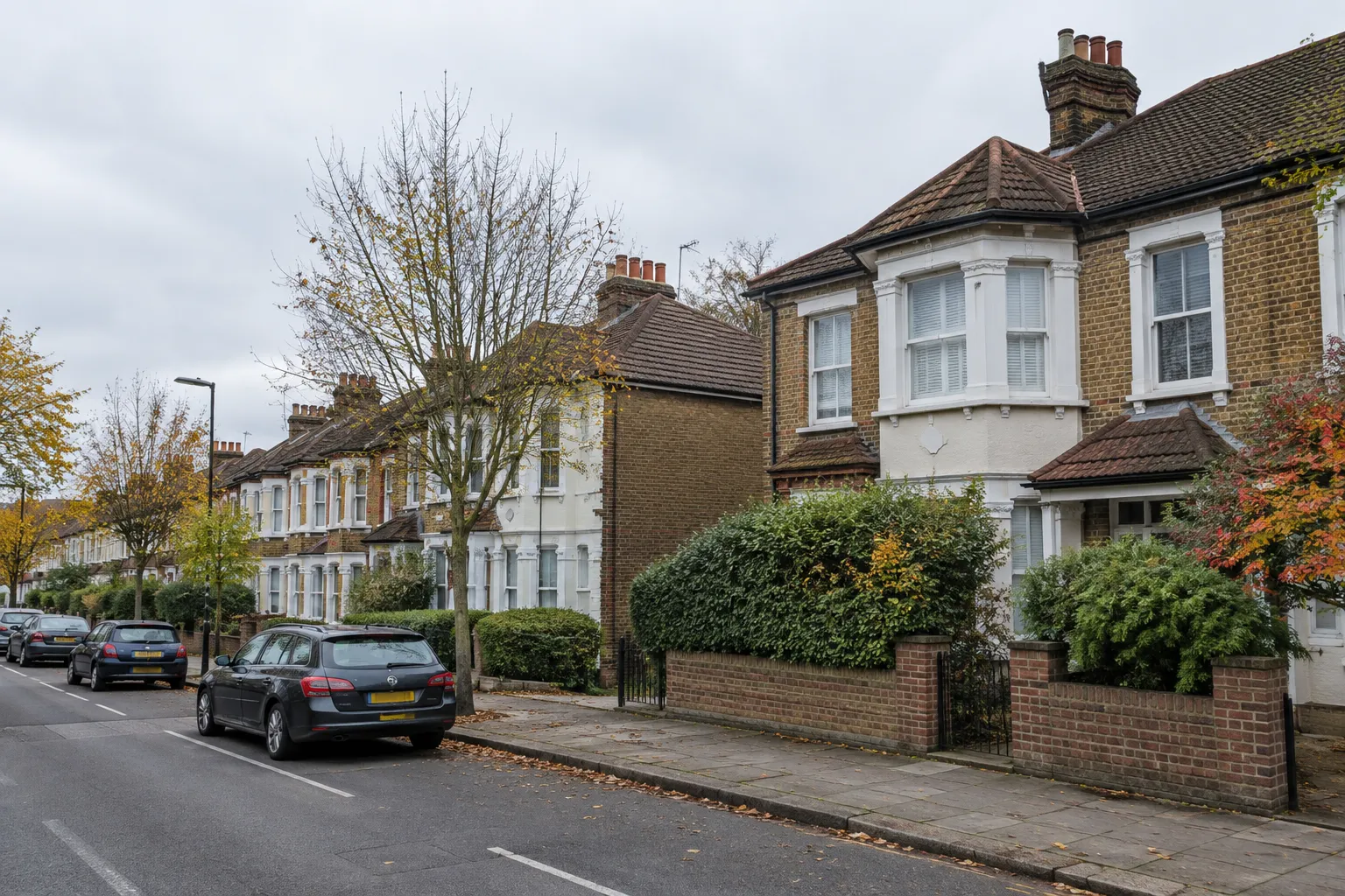 Terraced houses with pitched tiled roofs on a London street