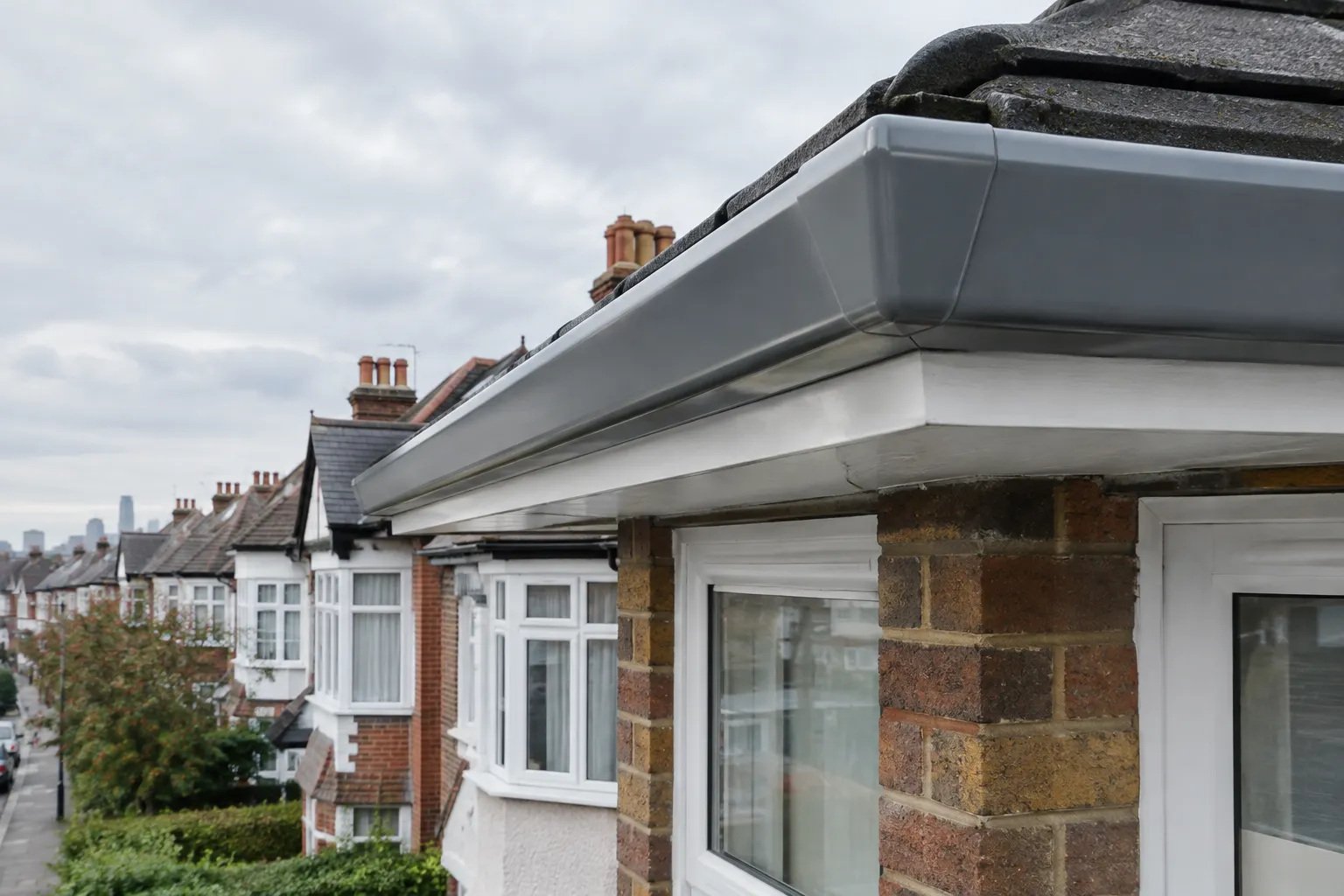 Close-up of a seamless aluminium guttering corner joint