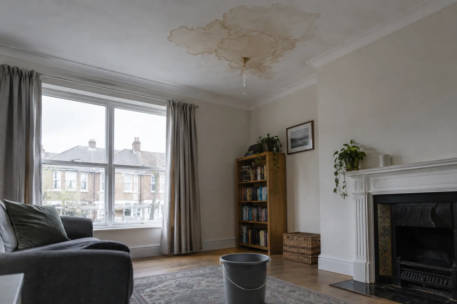 Water stain on a ceiling with a bucket underneath