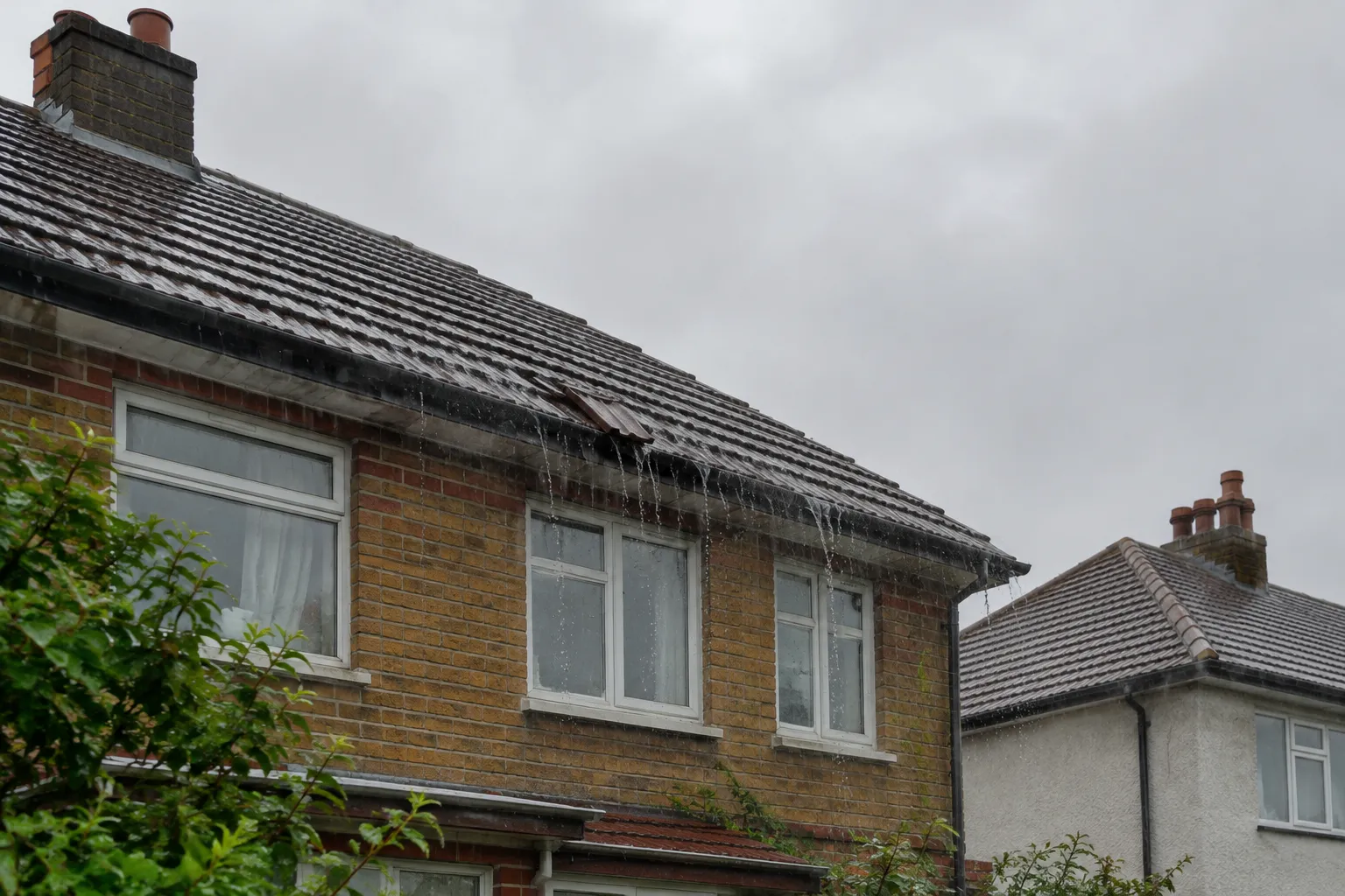 Rain streaming off a pitched roof with a slipped tile